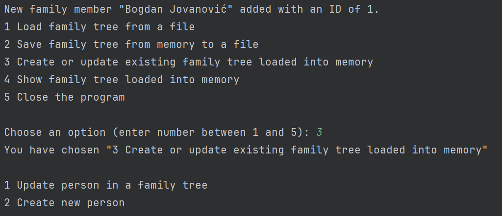 Family Tree Console Output