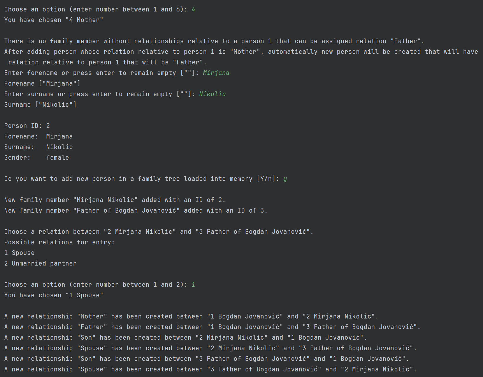 Family Tree Console Output